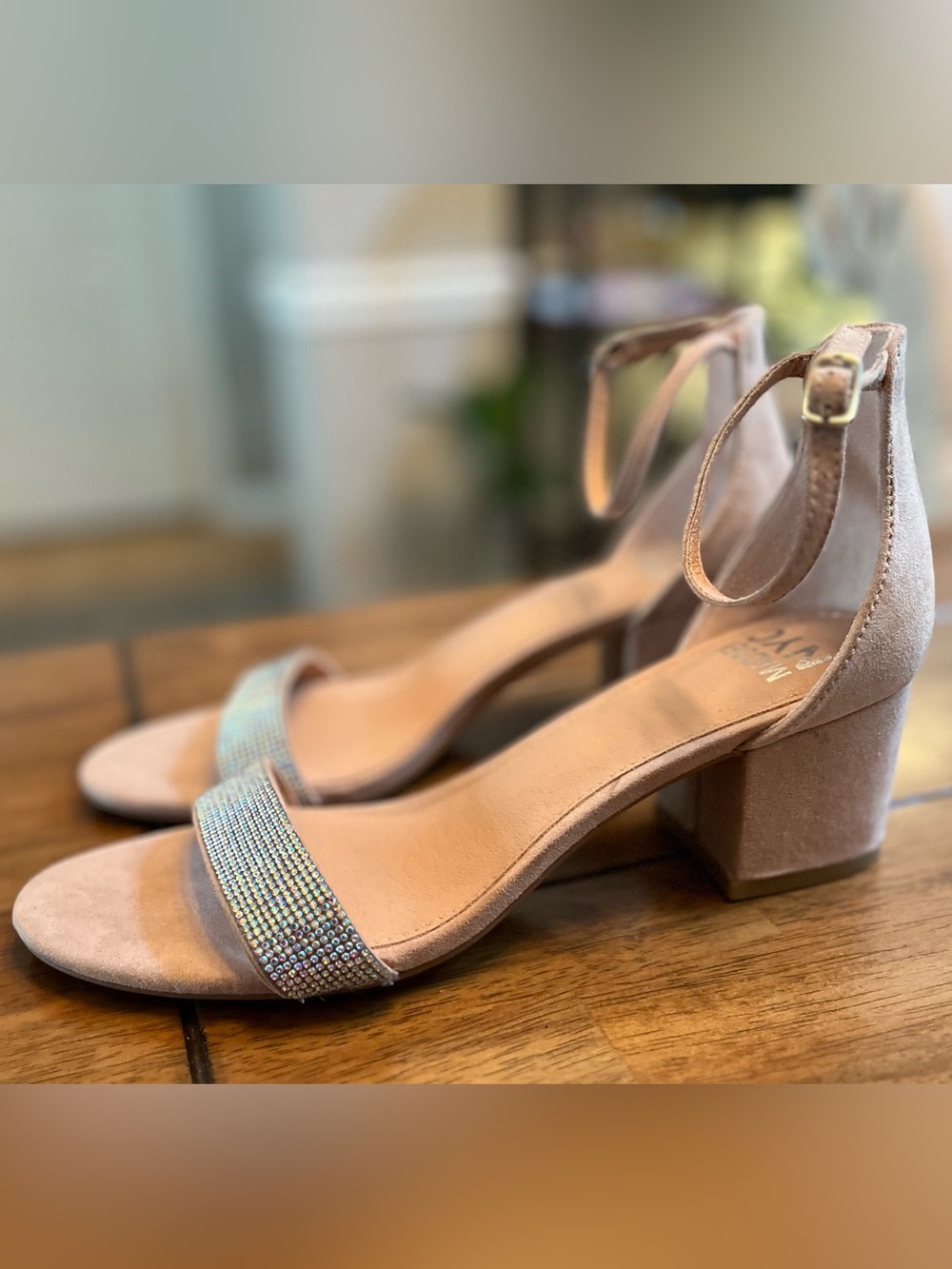 Madden NYC Block Heel Ankle-Strap Rhinestone Sandals in Blush Pink